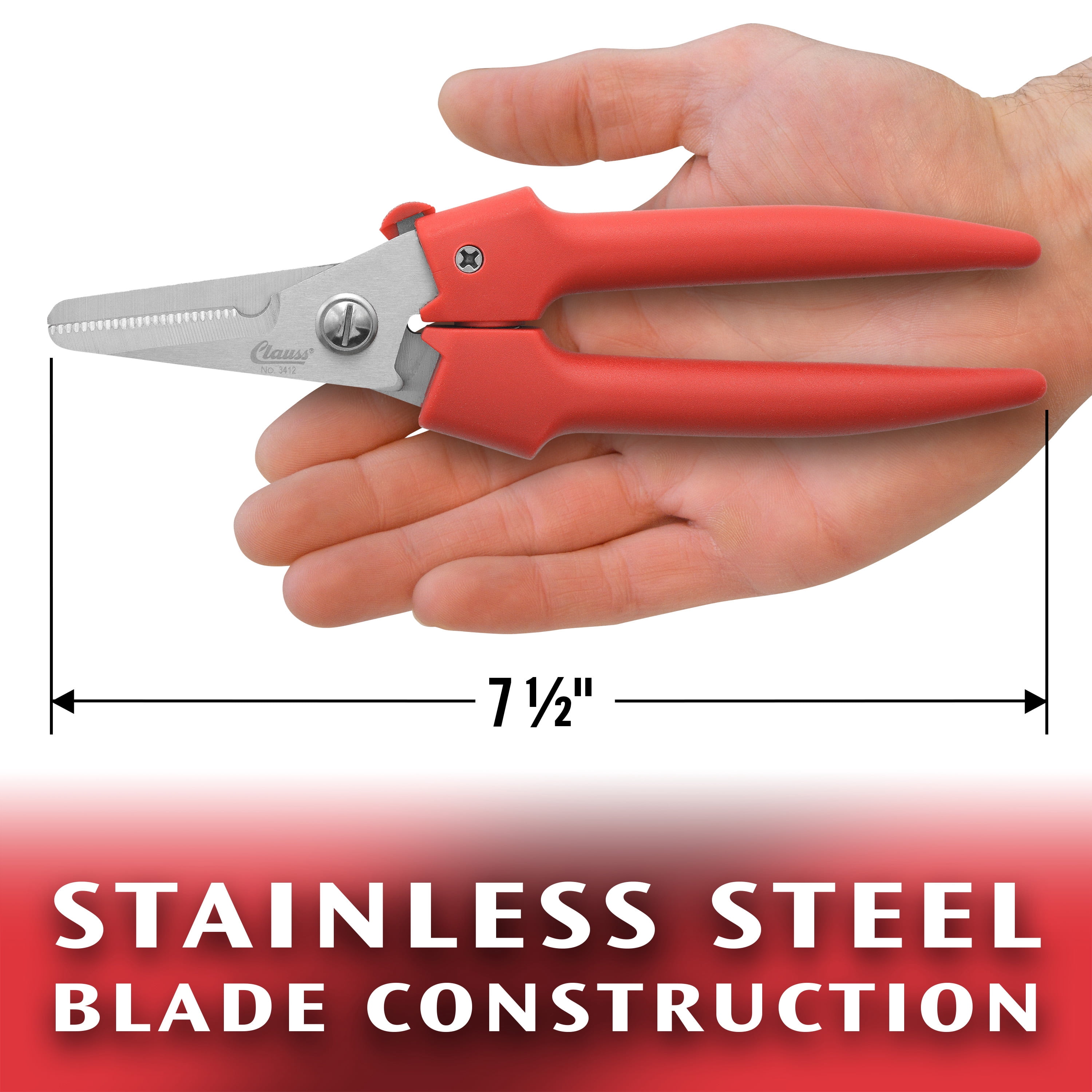 Clauss Cutter Shear, 7.5", Partially Serrated, with Latch Closure, Red Plastic Handles