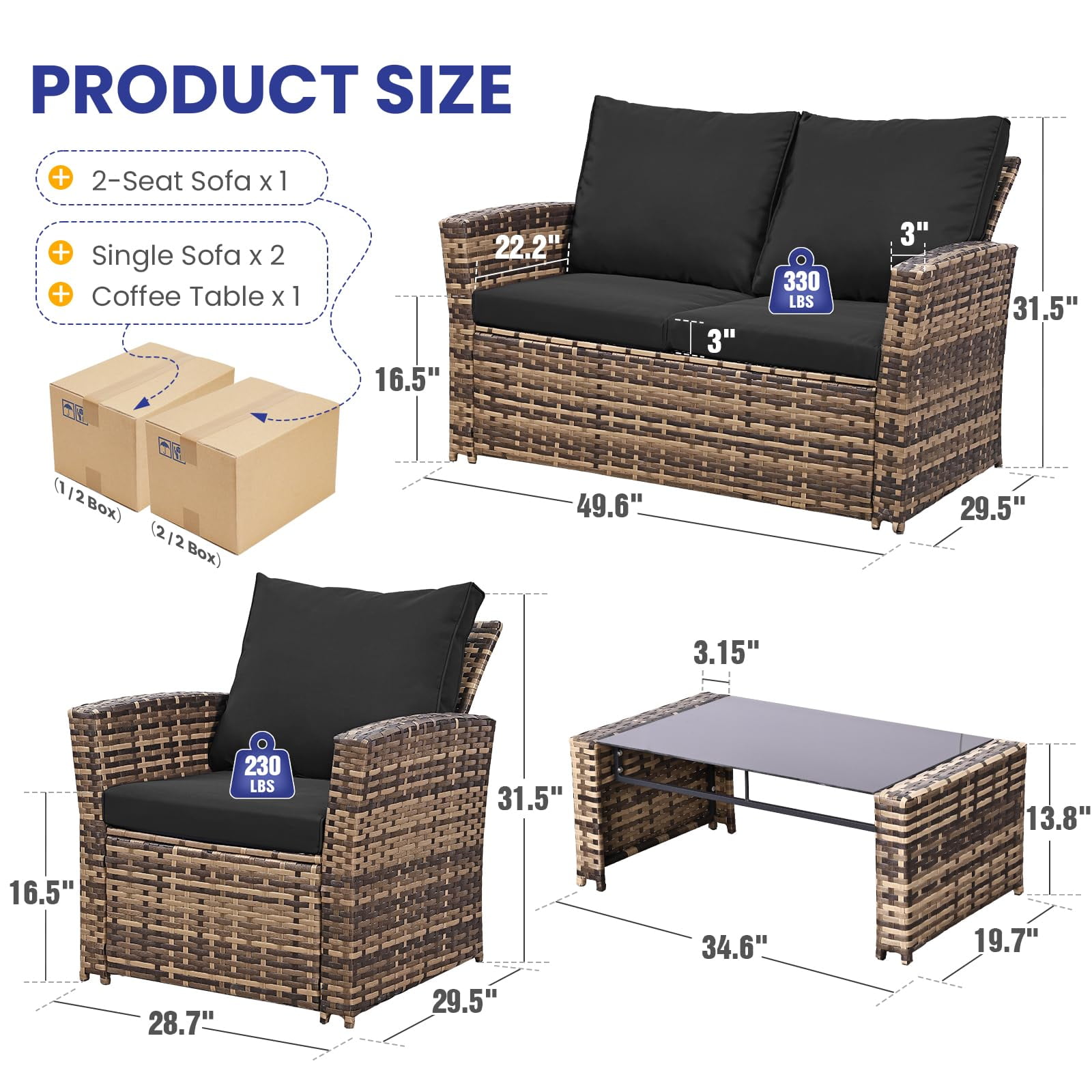 4 Piece Outdoor Patio Furniture Set,Wicker Conversation Sets Outdoor Sectional Patio Sofa Couch with Cushions & Coffee Table for Outside, Garden, Balcony, Porch,Yellow/Black