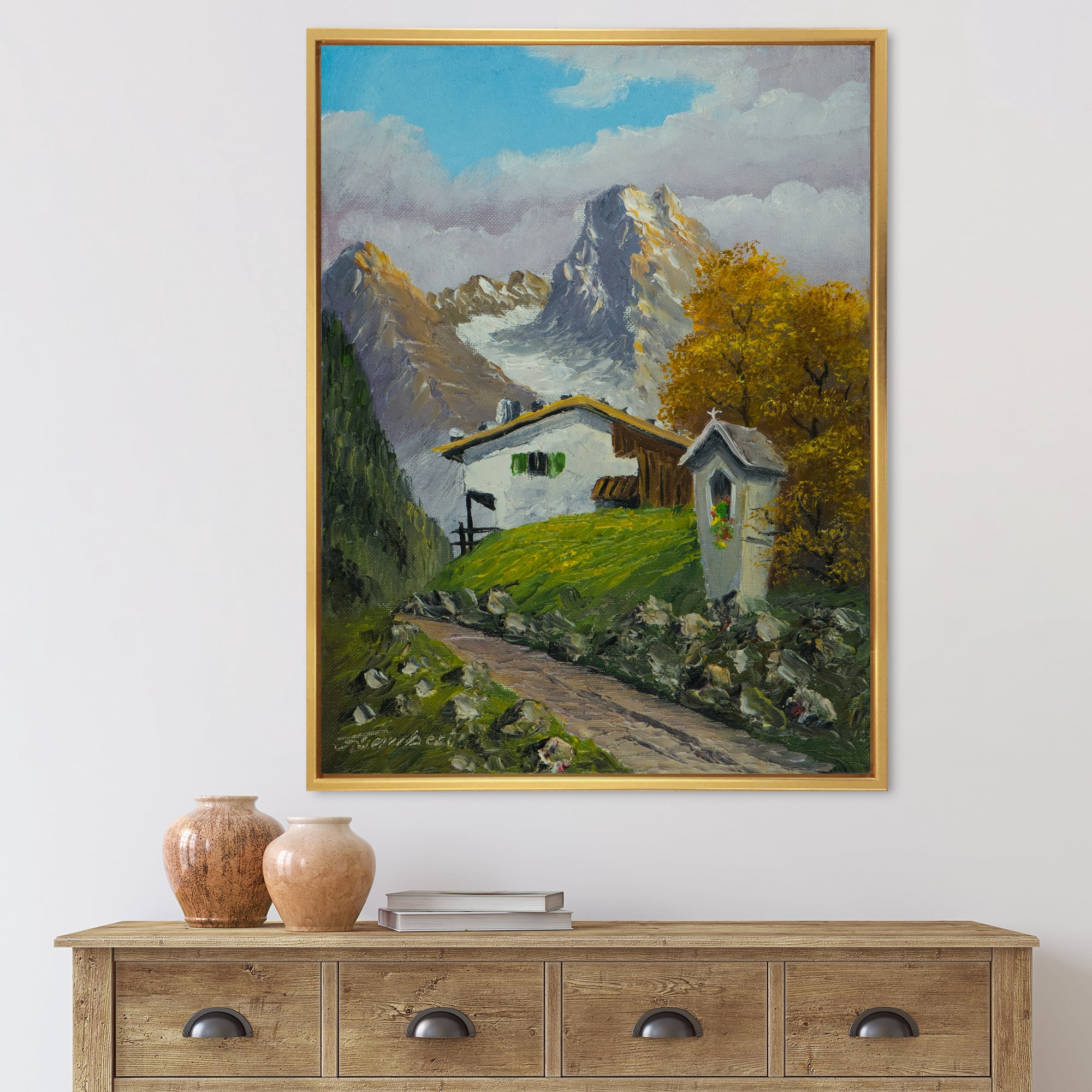 The Path Leading To A House Along Wayside Shrine 16 in x 32 in Framed Painting Canvas Art Print, by Designart