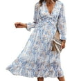 thumbnail image 1 of Women's Spring Summer Dress Deep V 3/4 Long Sleeve Dress Ruffle Hem & Trim, 1 of 6