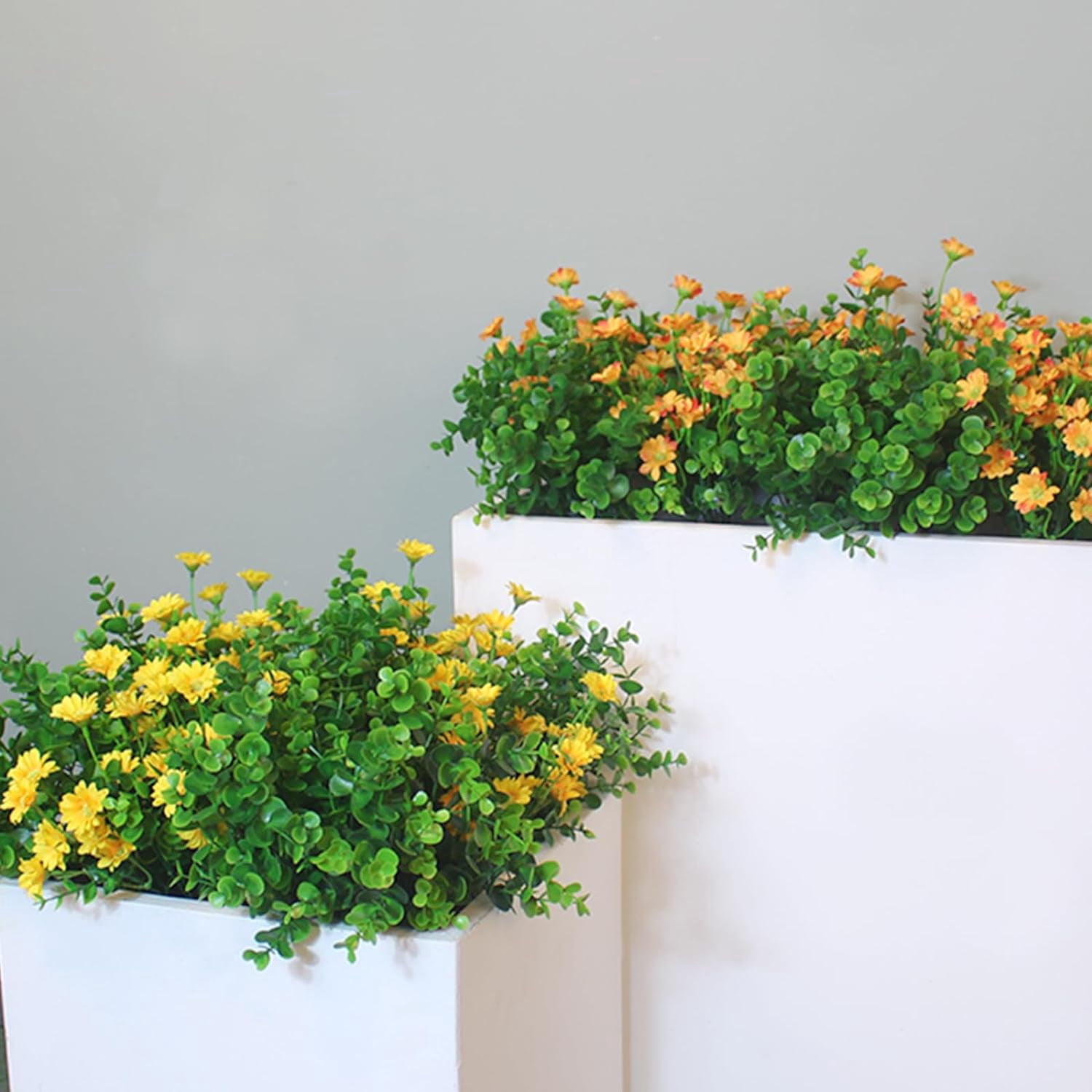 8 Bundles Artificial Flowers for Outdoors Faux Mums UV Resistant Plastic Fall Plants Fake Greenery Orange Daisy Bulk for Home Gardenr Window Box Pathway Plante Wedding Decor (Orange)