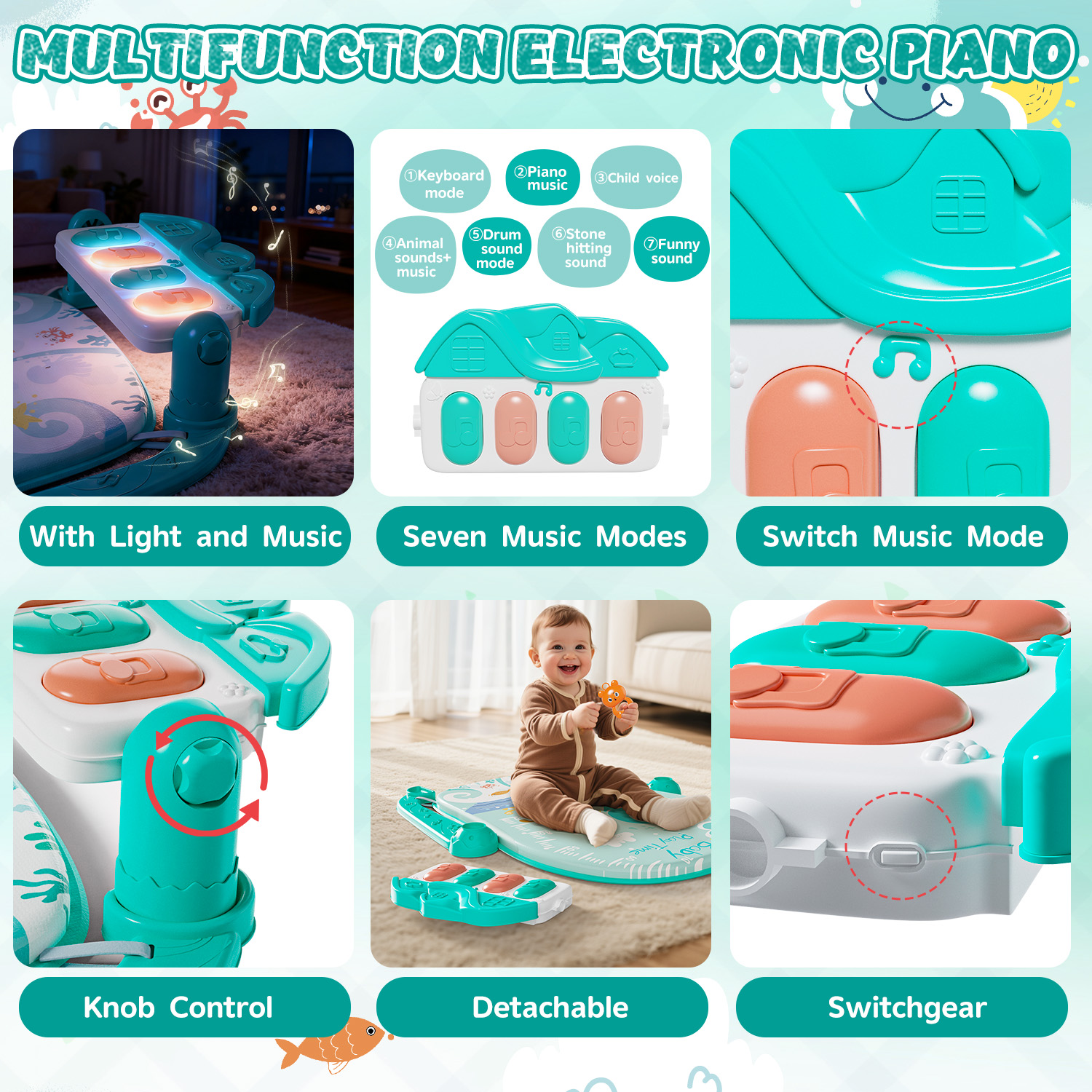 WonderStone 2 in 1 Baby Gym Playmat, Tummy Time Water Mat with 2 Cloth Books/ 5 Infant Sensory Baby Toys & Play Piano, Boys and Girls Newborn Baby Gift 0-12 Month (Green)