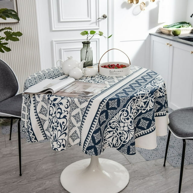 Nvzi Mantel estampado, mantel redondo para mesa de comedor, mantel de algodón y lino con estampado de flores, mantel decorativo para escritorio del hogar (azul, 150 cm)