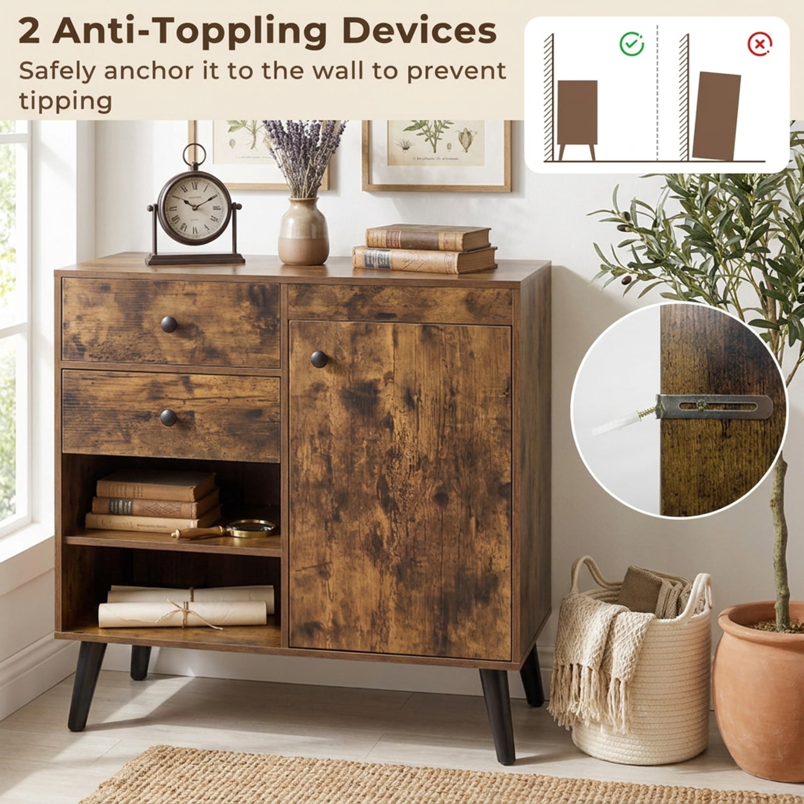 Furnibear 31" Sideboard Cabinet with 2 Open Compartments and 2 Drawers for Kitchen Dining Living Room Buffet Storage Server, Rustic Brown