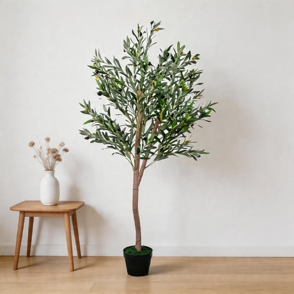 Artificial Olive Tree 5FT, Faux Olive Trees Indoor with Natural Wood Trunk & Lifelike Fruits, Tall Fake Plants with Planter for Home, Office, Living Room Decor