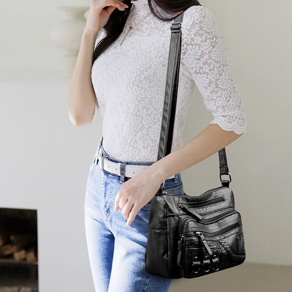 Black Women Soft Washed Faux Leather Crossbody Bag - Multi Zipper Shoulder Handbag Large Capacity Travel Purse, 9.84"x7.09"x3.54"