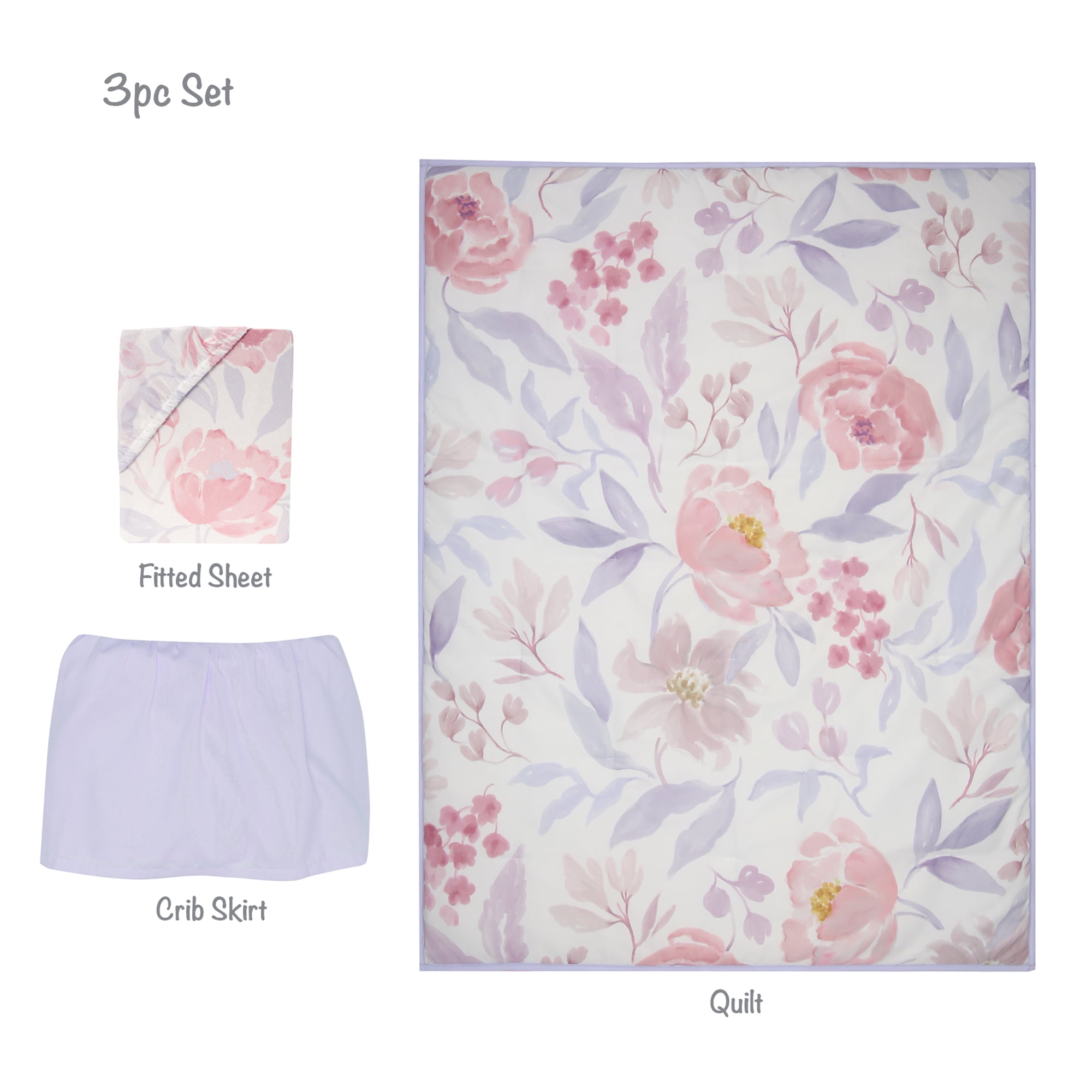 Bedtime Originals Lavender Floral 3-Piece Baby Crib Bedding Set - Pink/Purple