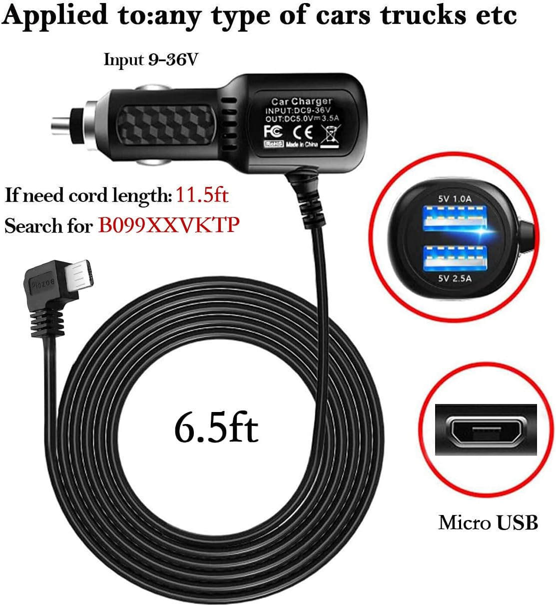 Dash Cam Charger 2024 Upgraded Micro USB Car Charger with Dual USB Port Compatible with APEMAN, Rexing, Byakov, AKASO, Crosstour, Trekpow, Pruveeo, OldShark, Garmin and Most Other Dash Cam, (6.5FT)