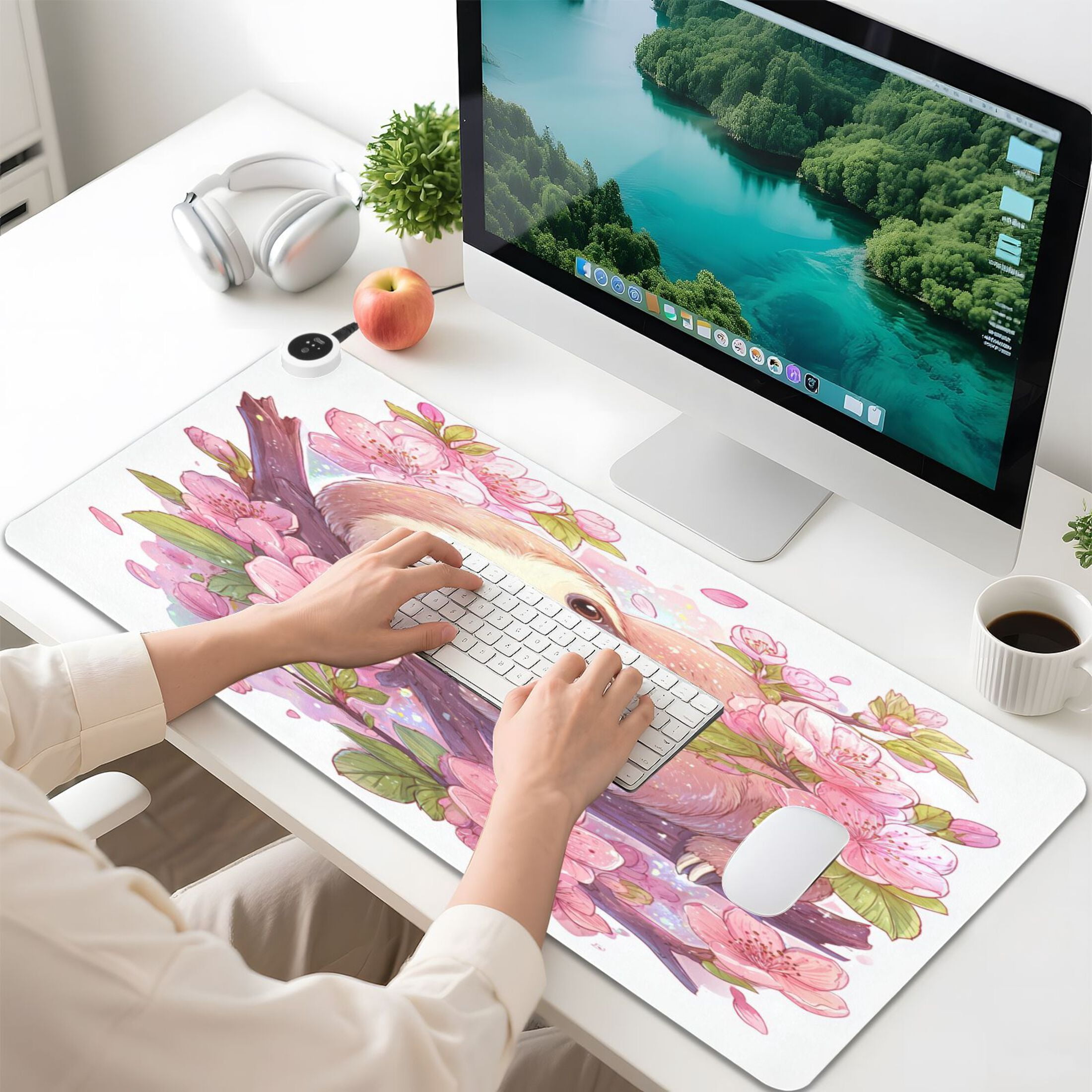 Large Heated Desk Mat Mouse Pad 31.5"x13"PU Leather Graphene Heating Desk Warmer with 3 Temperature Settings 110V US Plug Non-Slip Warm Pad for Home, Office, and Gaming Sloth in Cherry Blossoms