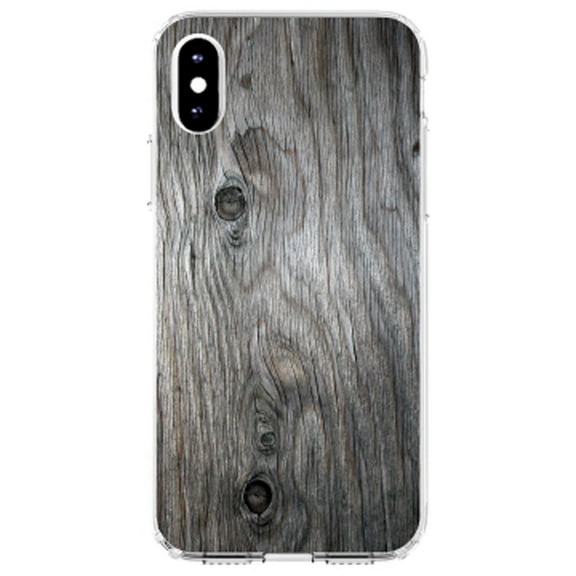 DistinctInk Clear Shockproof Hybrid Case for iPhone XS Max (6.5" Screen) - TPU Bumper, Acrylic Back, Tempered Glass Screen Protector - Grey Weathered Wood Grain Print - Printed Wood Grain Image