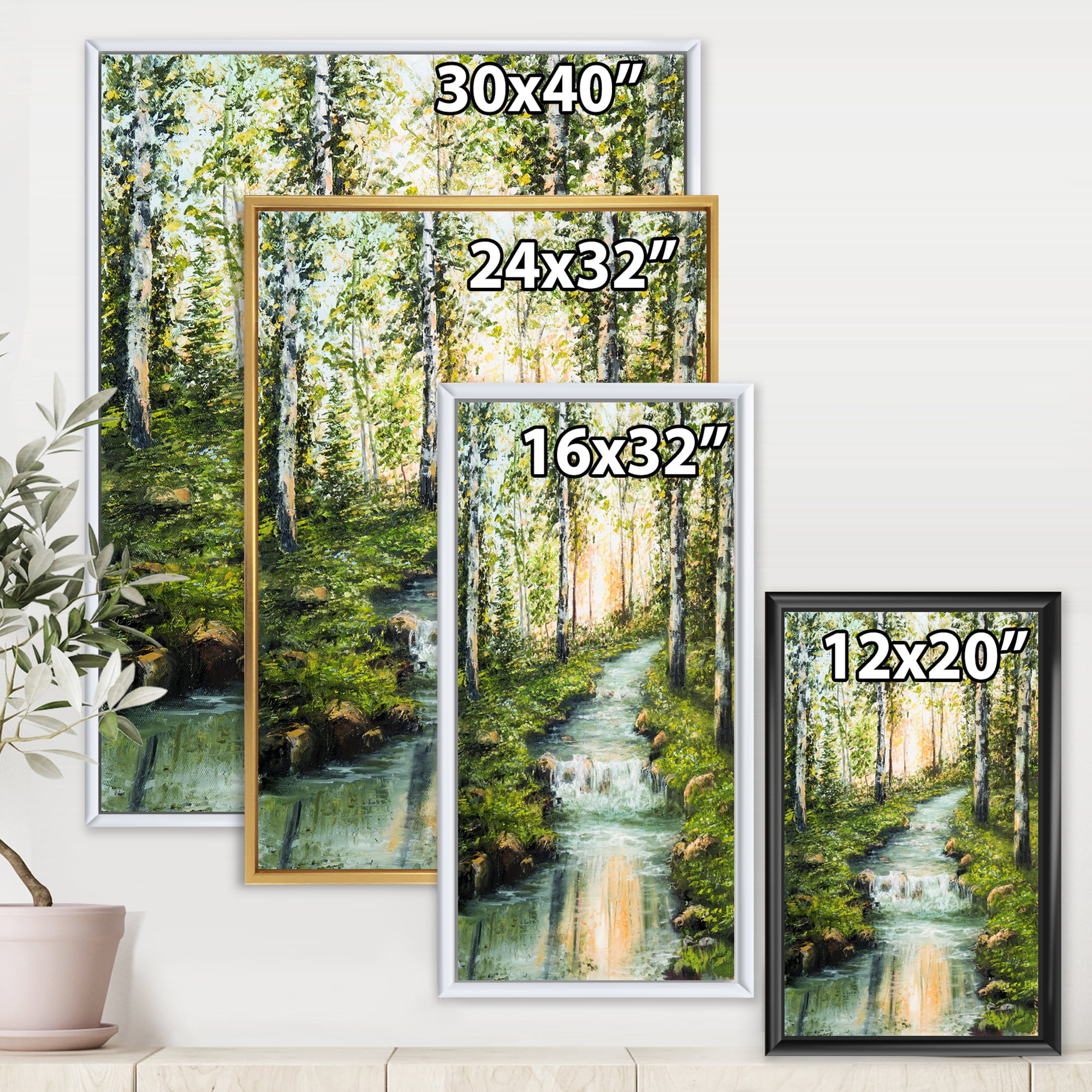 River Through Green Birch Forest 16 in x 32 in Framed Painting Canvas Art Print, by Designart