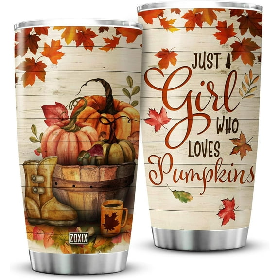 Just A Girl Who Loves Pumpkin Tumbler With Lid 20oz Vintage Autumn Coffee Mug Stainless Steel Cup Fall Leaves Pumpkin Themed Gifts For Women Halloween Farm Girl Tumblers