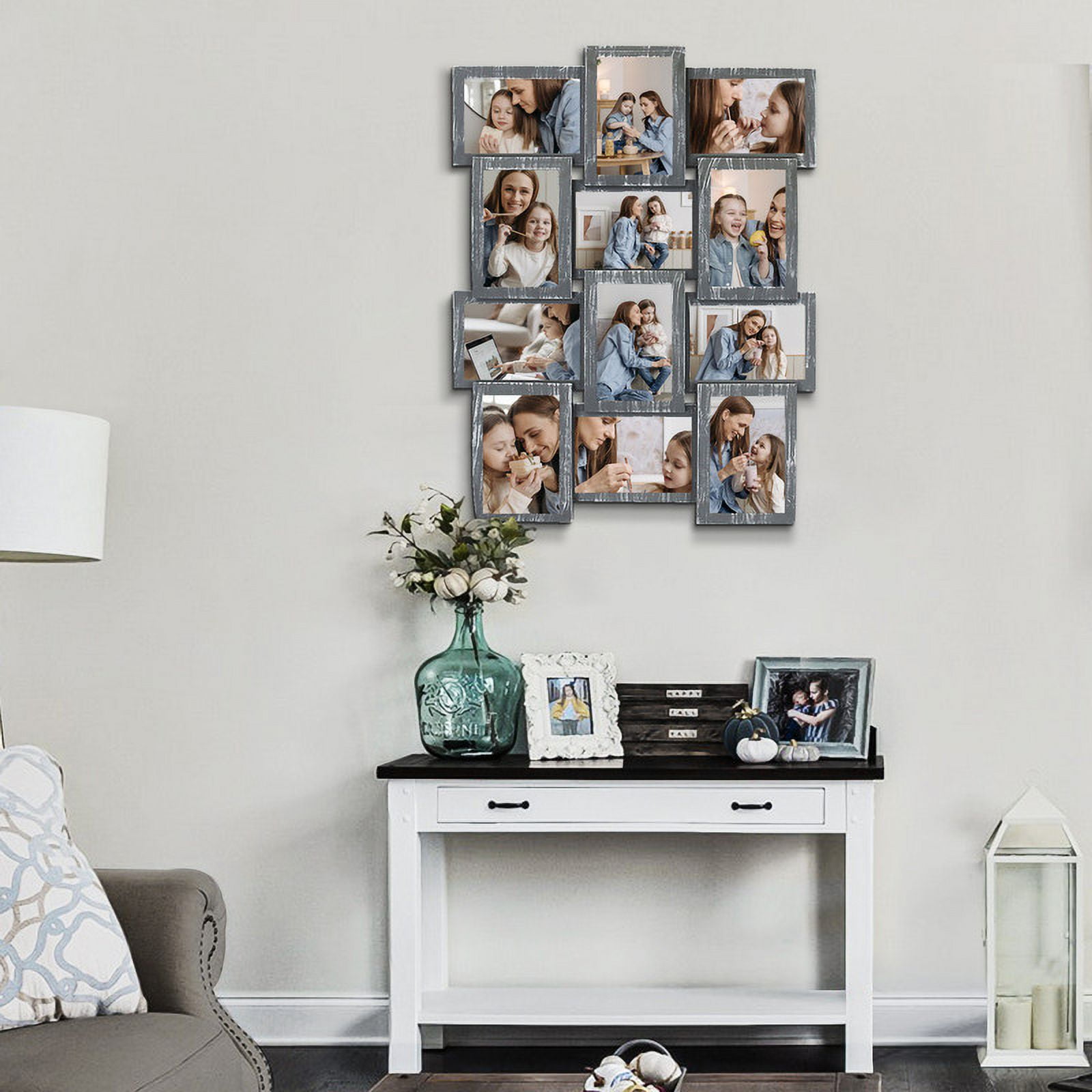 Classic Wall Hanging Picture Frame Collage Gallery Display 12 Opening 6" x 4" Photo Gray