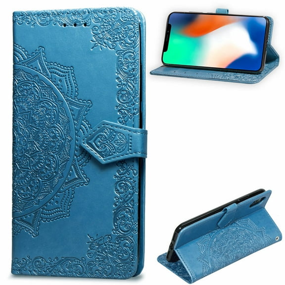 iPhone Xs Max Wallet Cases and Covers, Allytech Slim Premium PU Flip Stand Cover Mandala Embossed Full Body Protection with Card Holder Magnetic Closure for iPhone Xs Max, Blue