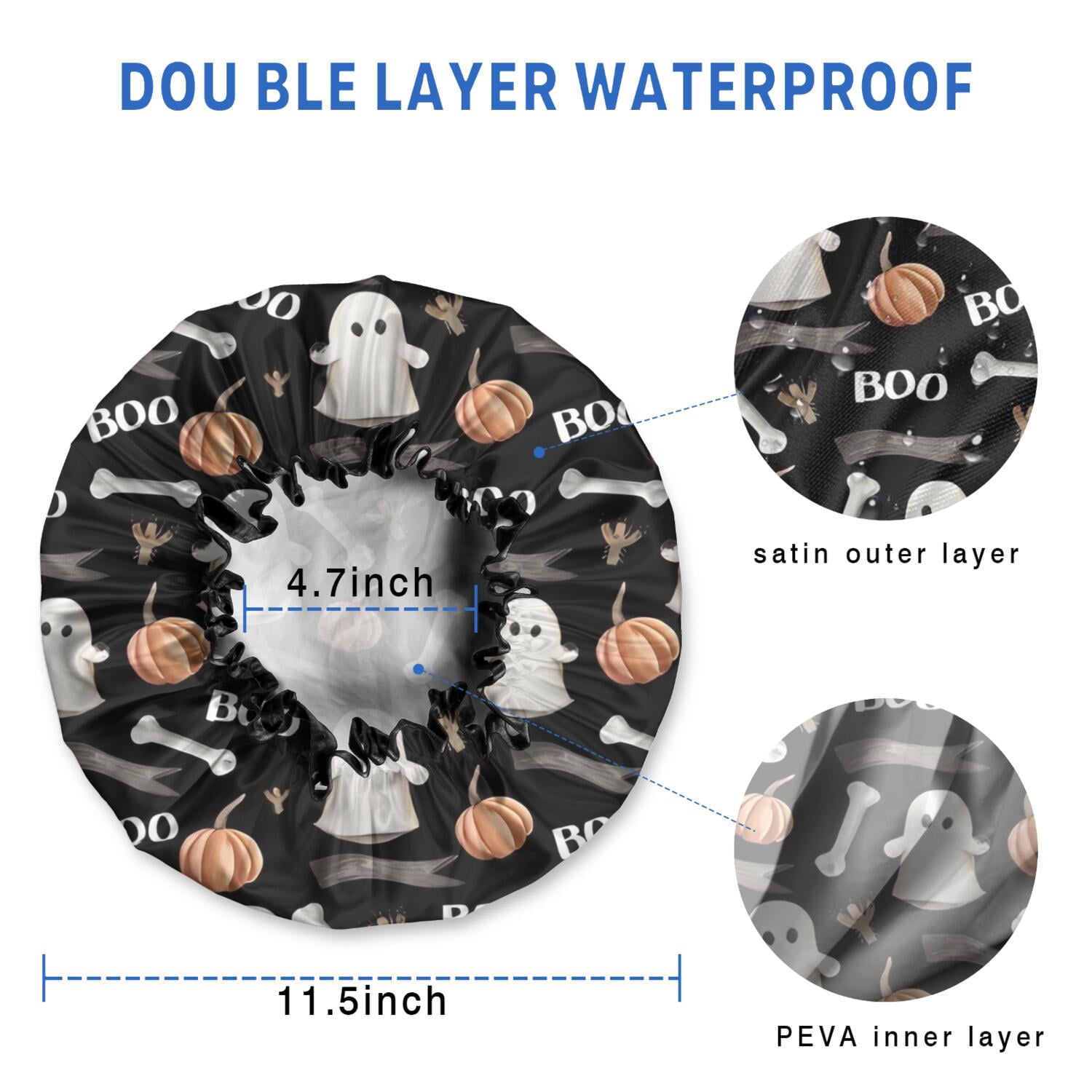 Shower Caps,Black Halloween Ghosts Pumpkins and Bones Waterproof Shower Cap for Women 4 Pieces,Double Reusable Hair Cover for Shower PEVA Elastic Stretch Hem