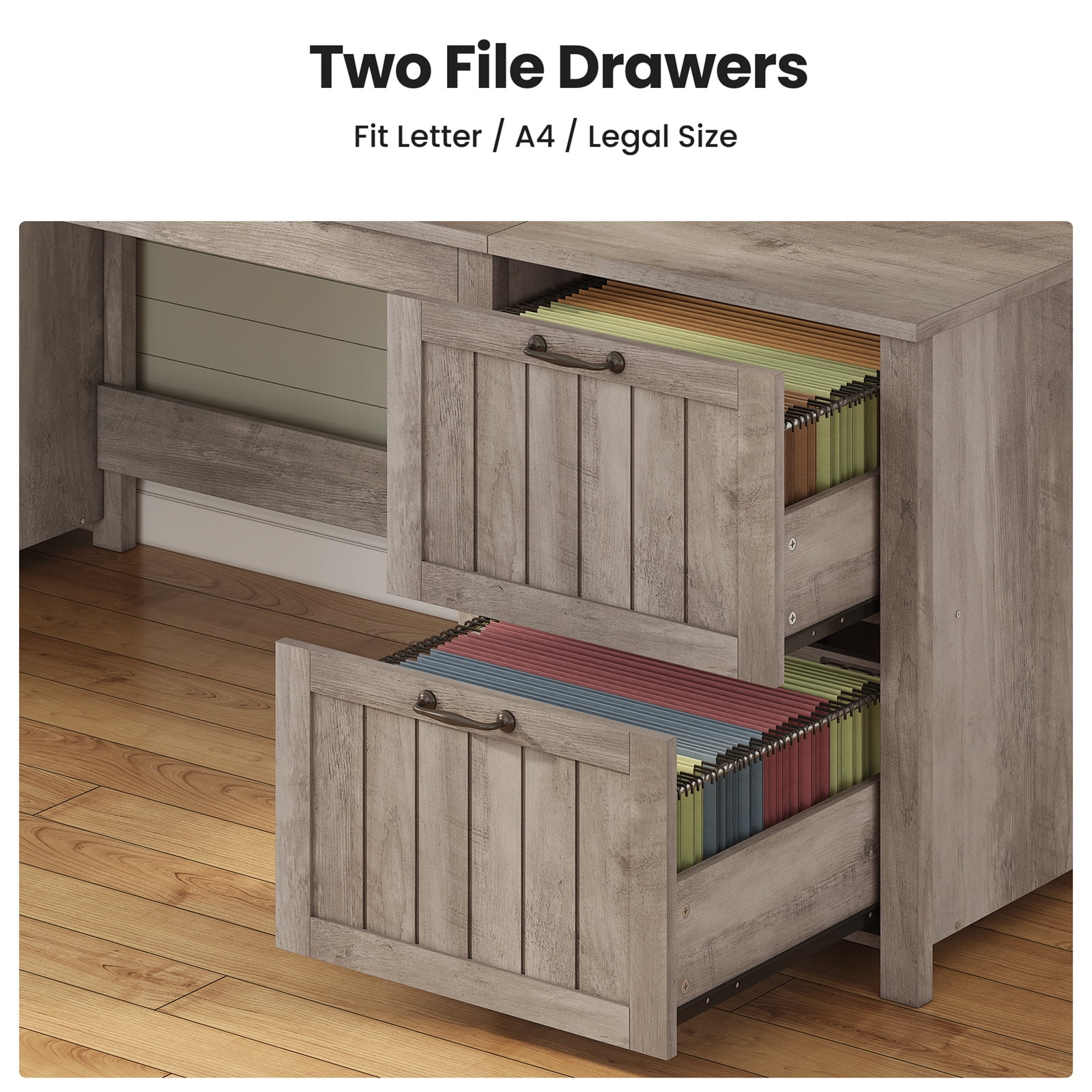 Executive Desk, 63" Farmhouse Desk with Storage, Home Office Desk with Drawers and Cabinet, Wood Desk with Monitor Stand, Rustic Writing Desk Study Table, Elegant Computer Desk with File Drawer, Grey