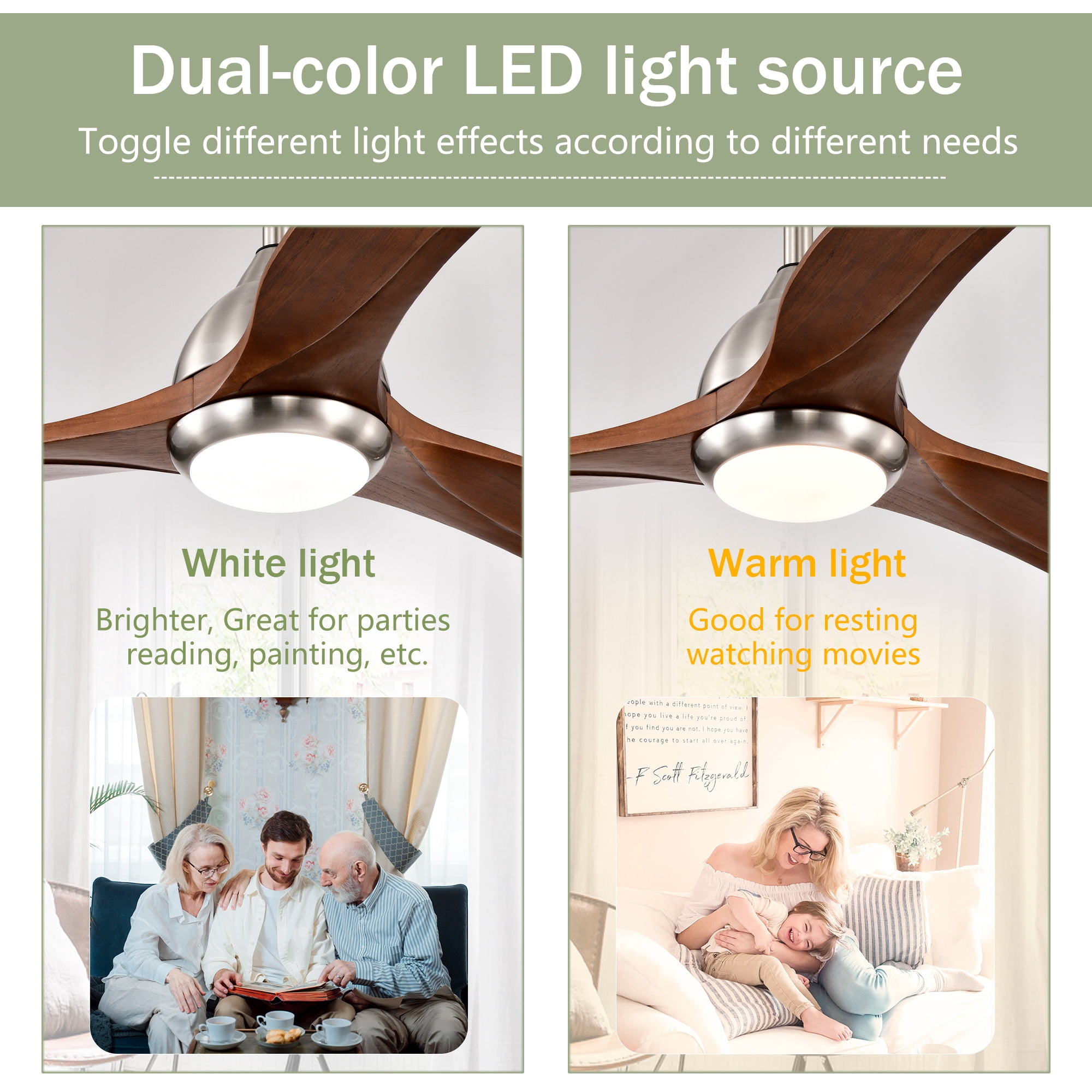 Leumius 52" Solid Wood Blades Ceiling Fan with Light and Remote Control, Noiseless Reversible Motor, 6 Speed for Patio Living Room Bedroom Office Nickel
