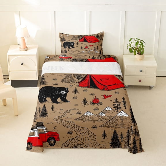 Erosebridal Boys Girls Camping RV Car Twin Sheet Sets 3pcs,Jungle Animal Bear Bedding For Kids Teens