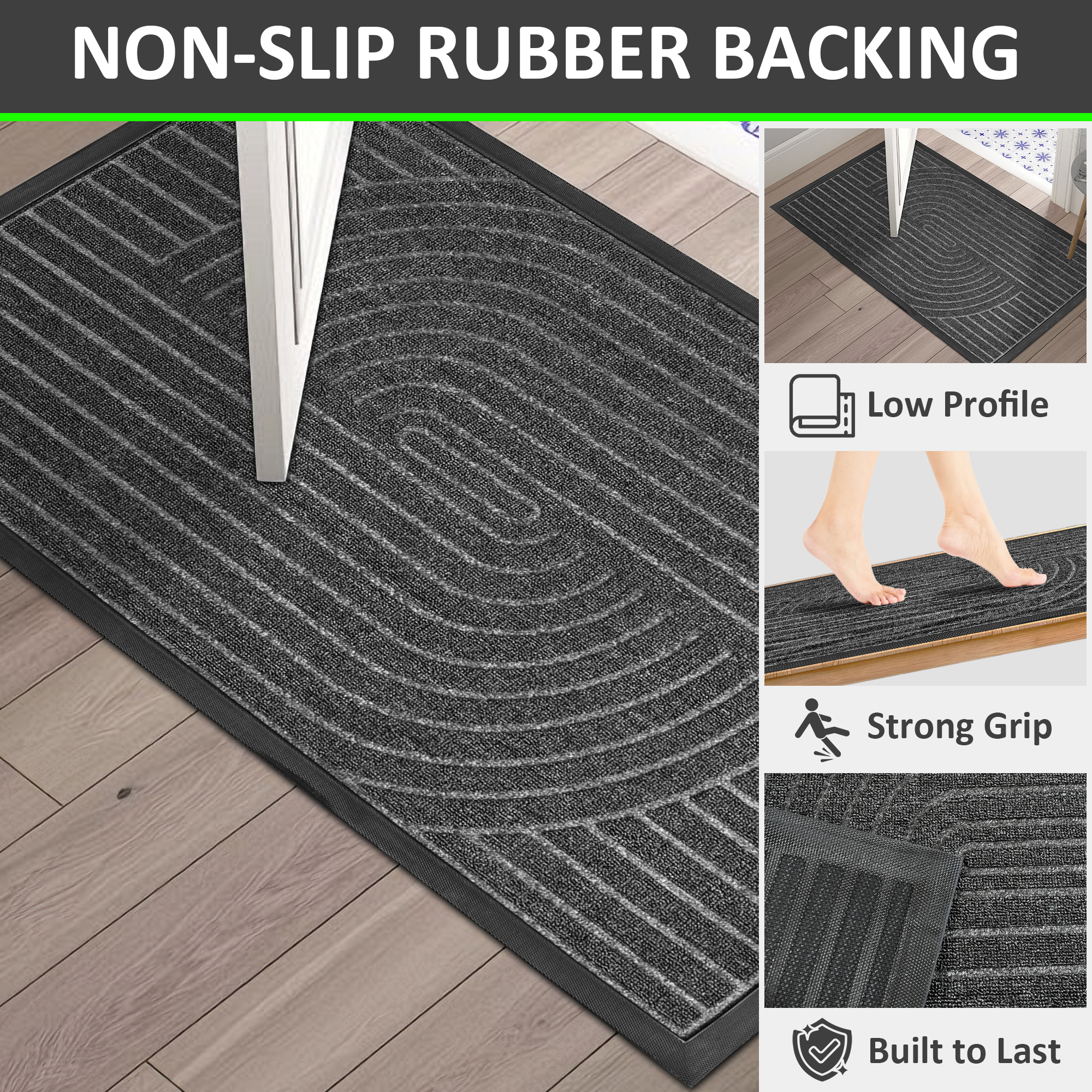 Vaparinckl Outdoor Mat, Non Slip 17"x30" Doormat, Front Door Welcome Mat, Absorbent Rubber, Low Profile Dirt Trapper Indoor Rug For Entryway & Outside Entrance, Gray