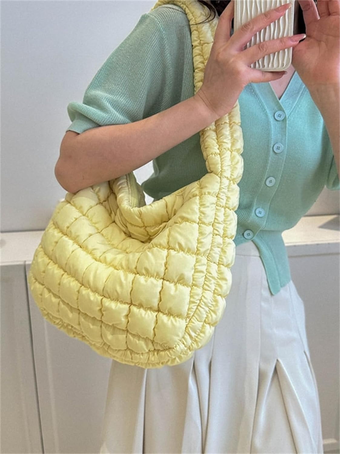 Kukuzhu Puffer Tote Bag Women Quilted Large Shoulder Bags Puffy Bubble Hobo Pleated Purse Nylon Padding Cloud Crossbody Bag 2023