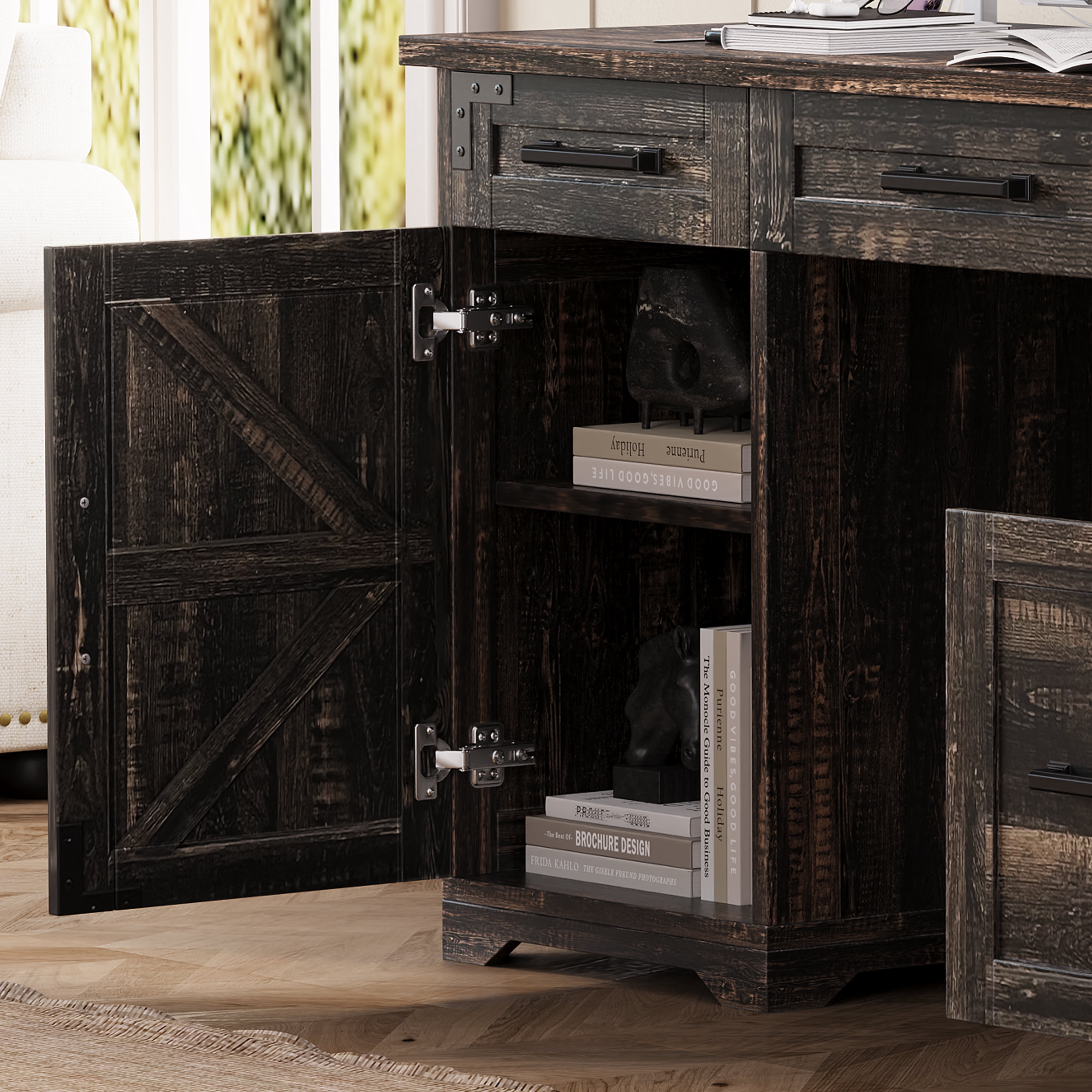 Aukfa 55" Farmhouse Executive Desk with Charging Station, Home Office Computer Desk with File Drawer & Storage Cabinet,Rustic Gray