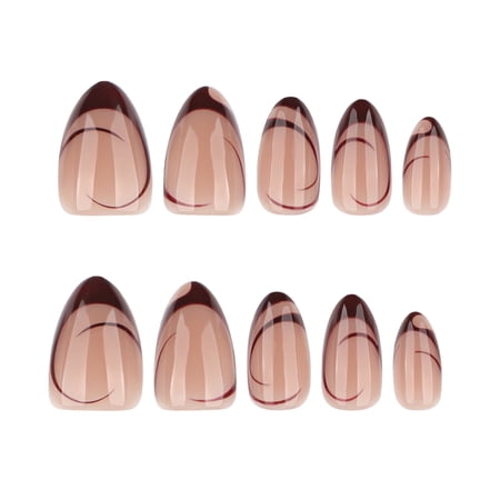 Beige Nude Irregular Stripe French Tip Press on Nails, Short Almond Glossy Fake Nails, 24 Count