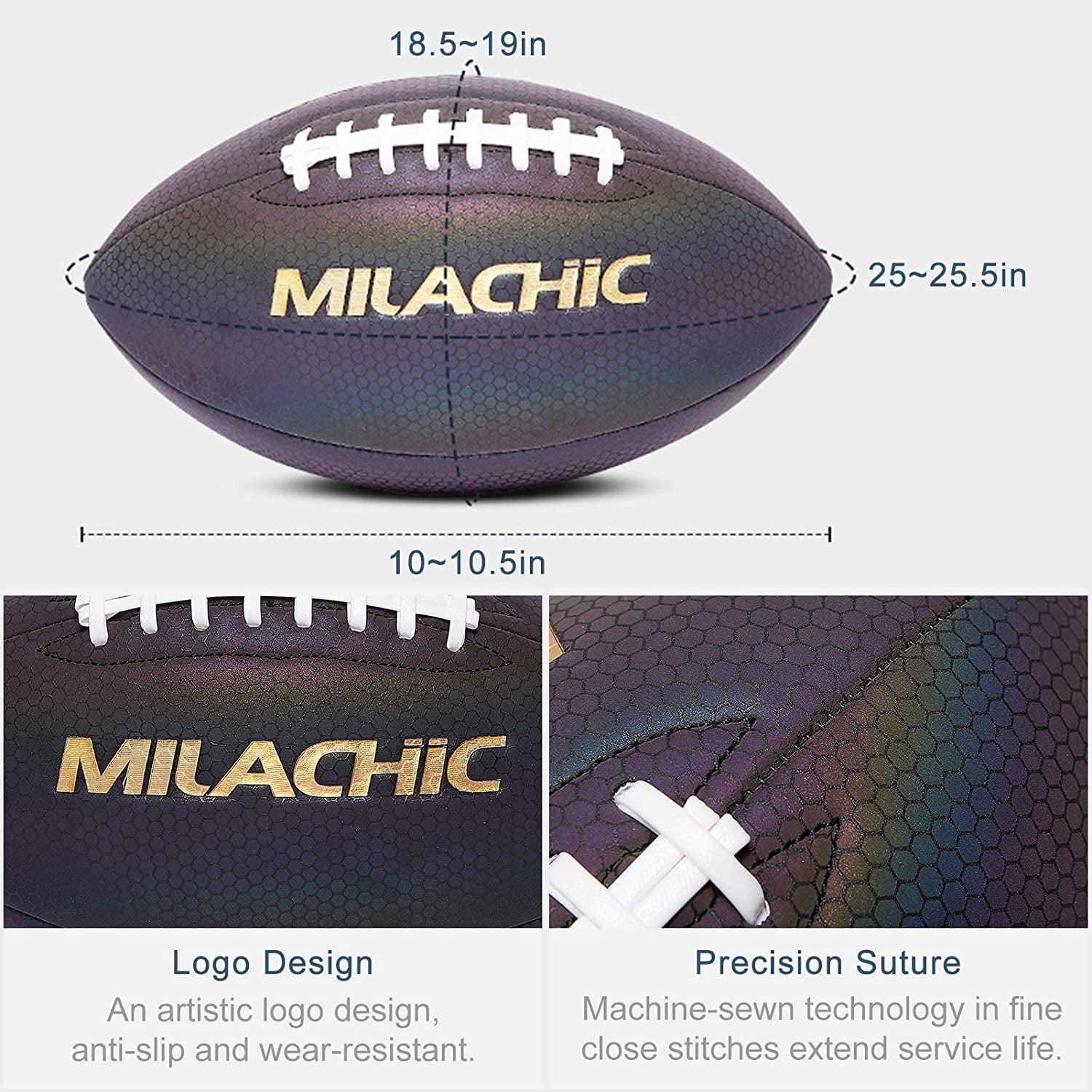 MILACHIC Football, Holographic Football - Reflective Glowing Footballs for Kids, Teens and Adults, Composite Leather Football with Pump (Official Size 9 & Youth Size 6 & Peewee Size 3)