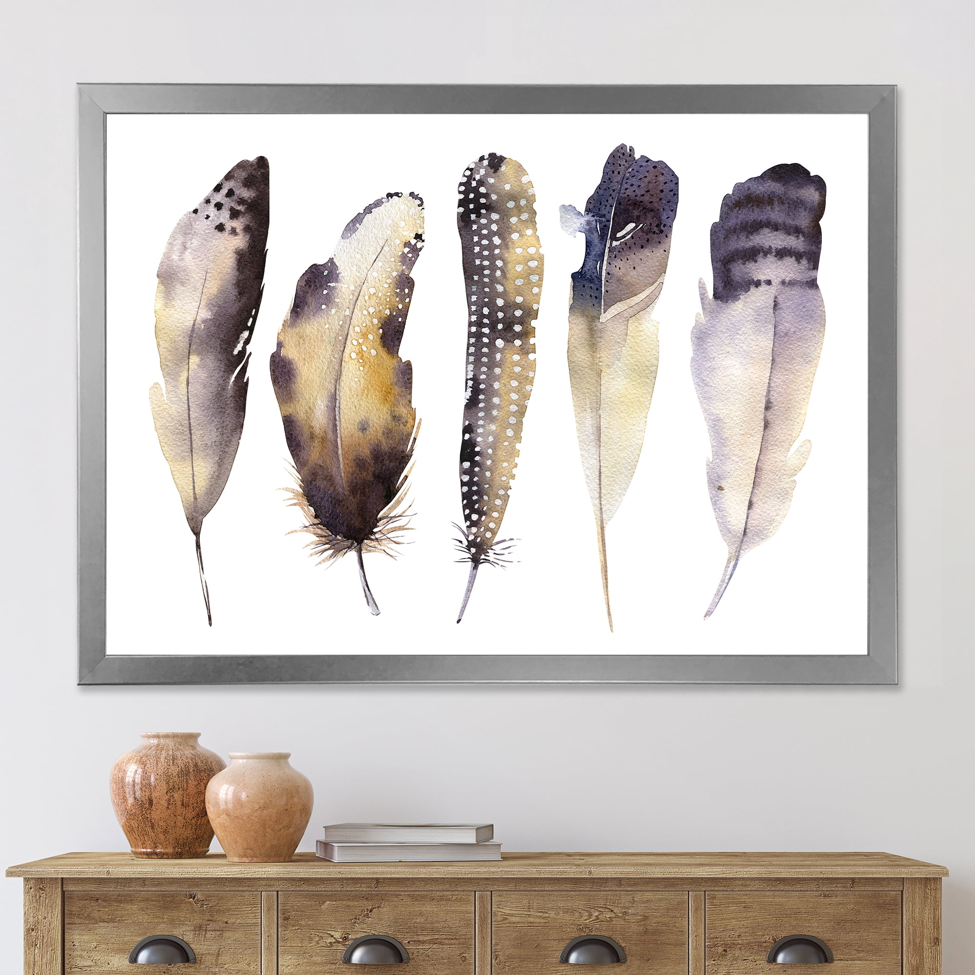 Designart 'Dark Gray Feathers Boho Ethnic I' Bohemian & Eclectic Framed Art Print