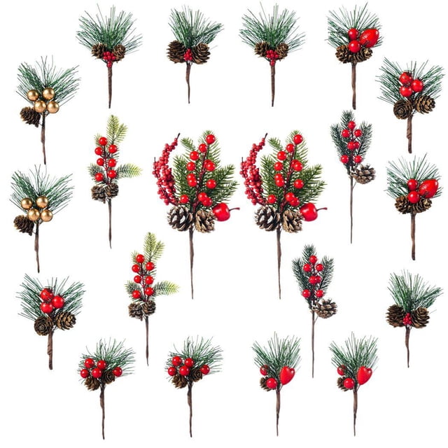 Artificial Christmas Pine Picks, Faux Pinecone Assorted 20 Pcs, Pine Needle Red Berry Wreath Holly Leaves Picks, Decoration Accessory for Christmas Tree, Dinner Table, Gift Packing, Xmas Décor
