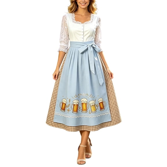 Women's German Dirndl Dress Costumes for Oktoberfest Carnival 3/4 Sleeve Square Neck Lace Dresses Multicolor XXL