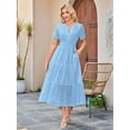 thumbnail image 2 of Women'S Summer Short Sleeve Maxi Dress Casual V Neck Hollow Out Eyelet Ruffle Swing A Line Long Dresses Light Blue M, 2 of 8