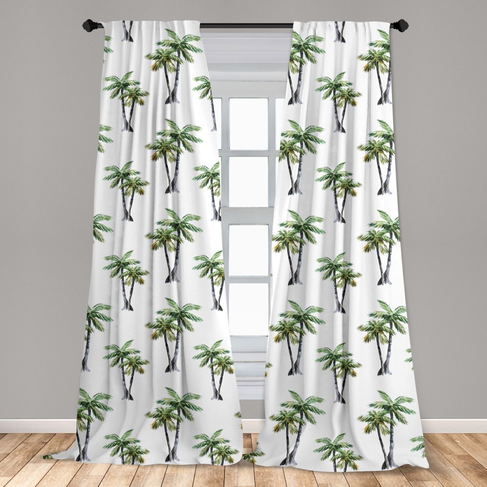 Palm Tree Curtains 2 Panels Set, Botanical Watercolor Artwork of