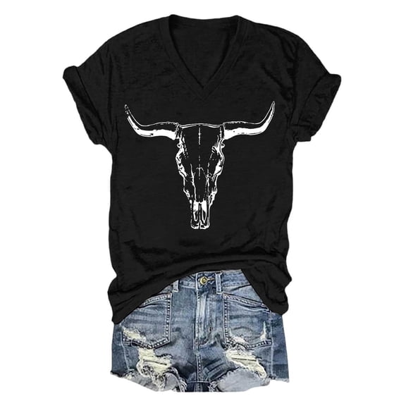 Trendfront Womens Western Style Bull Skull Graphic Tee V Neck T Shirt Rolled Short Sleeve Country Cowgirl Rodeo Vintage Casual Tops