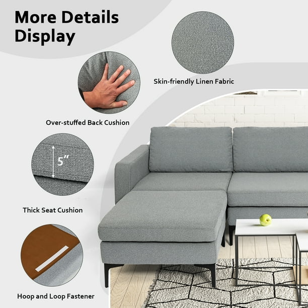 Costway Modular L-shaped 3 Seat Sectional Sofa w/ Reversible