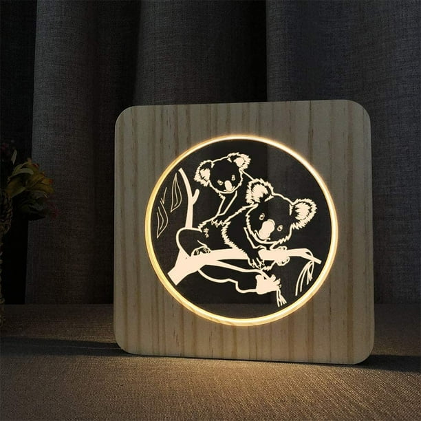 Koala Bear Mother with Baby Wooden Bedside Table Nursery Lamp Halo