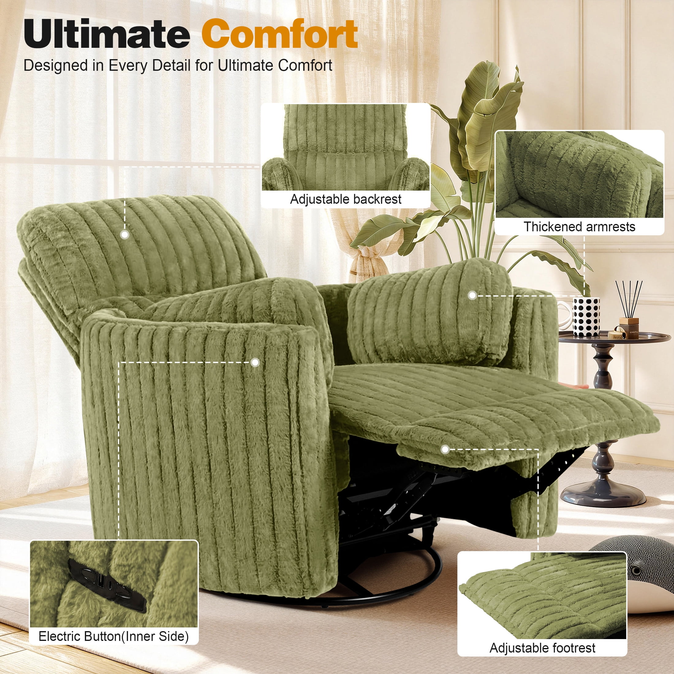 Aukfa Swivel Rocking Glider Power Recliner Chair with 24" Wide Seat & Type-C & USB Ports, Green