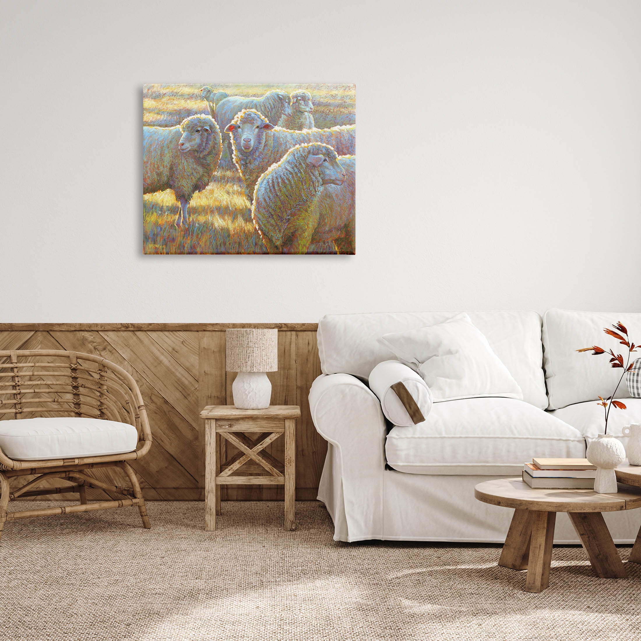 Sheep Herd Grazing Grassland Animals & Insects Painting Gallery Wrapped Canvas Print Wall Art