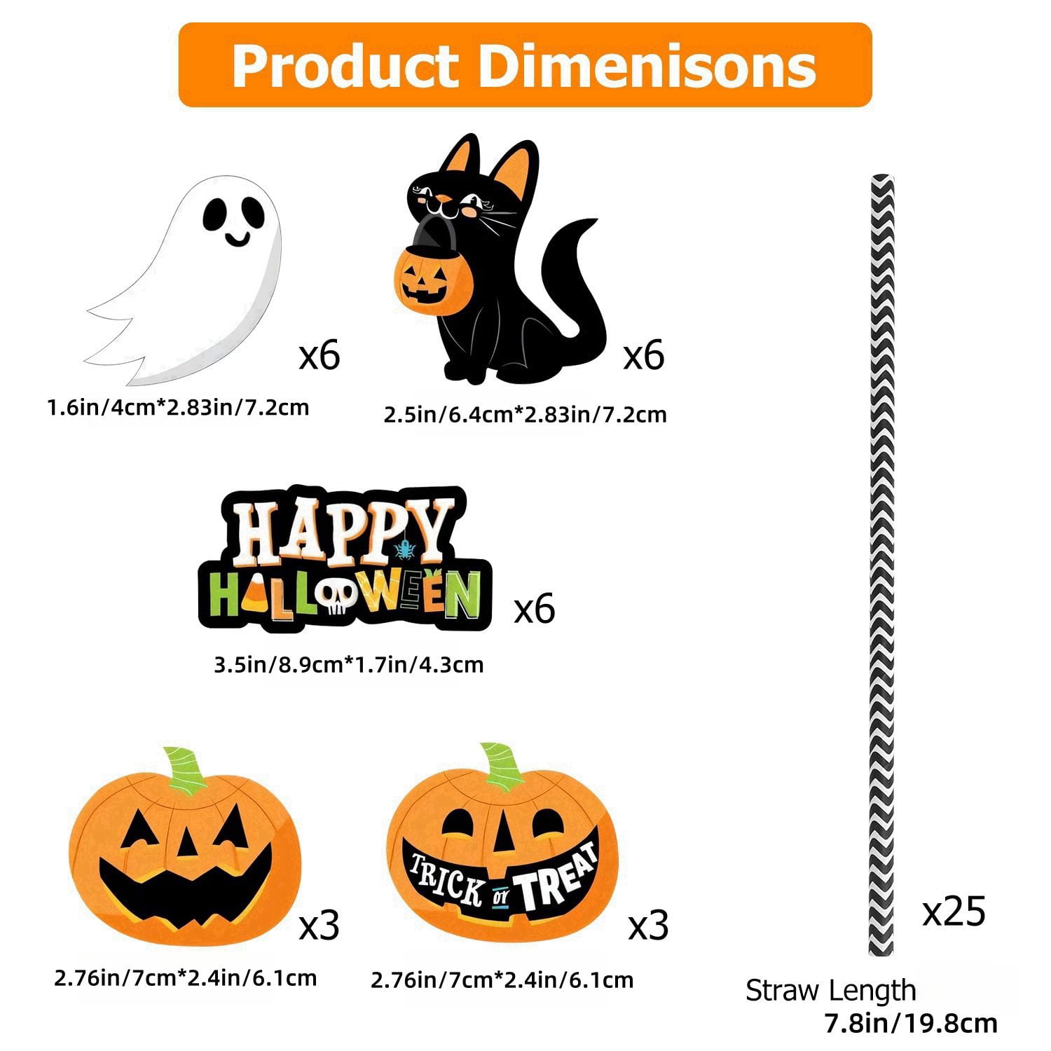 Halloween Paper Straws Set with 24 Decor Cards 25 Straws for Party Birthday Trick-or-Treat Craft Supplies