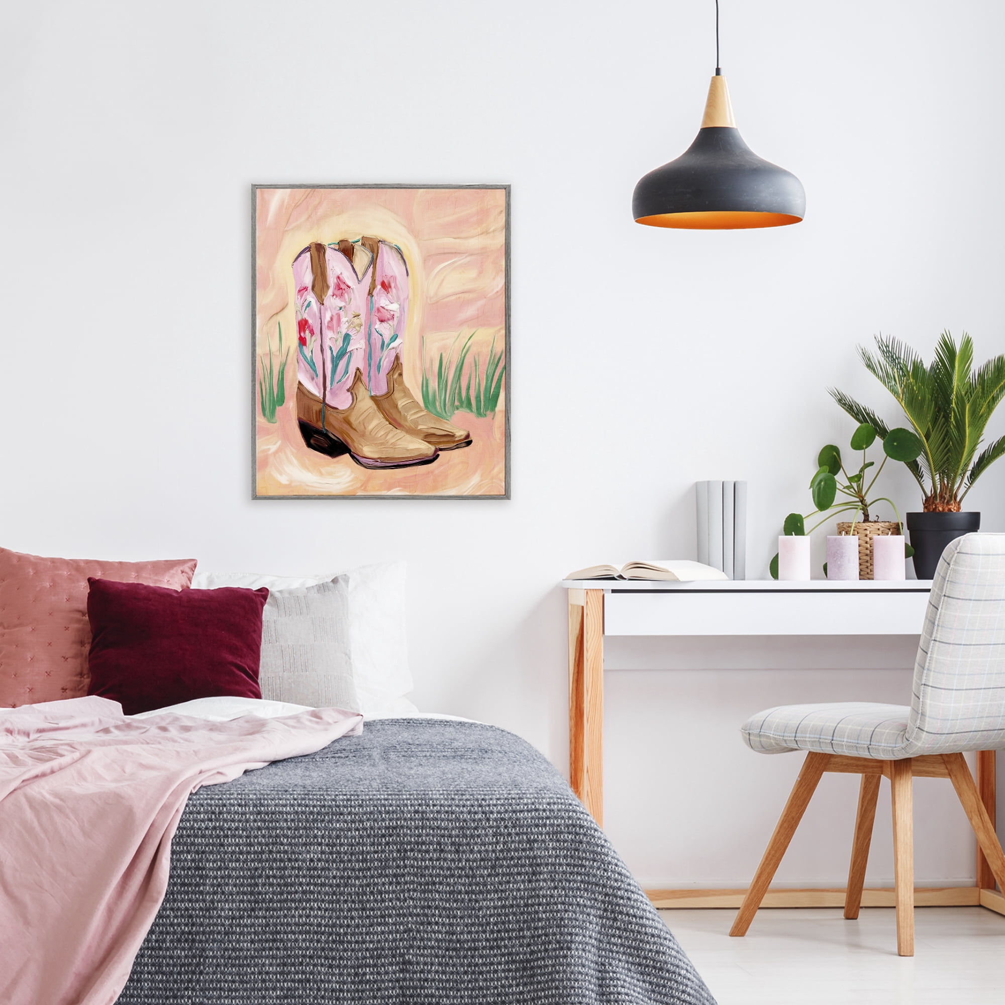 Floral Pinks Boots Gray Framed Giclee Art, design by Kim Allen