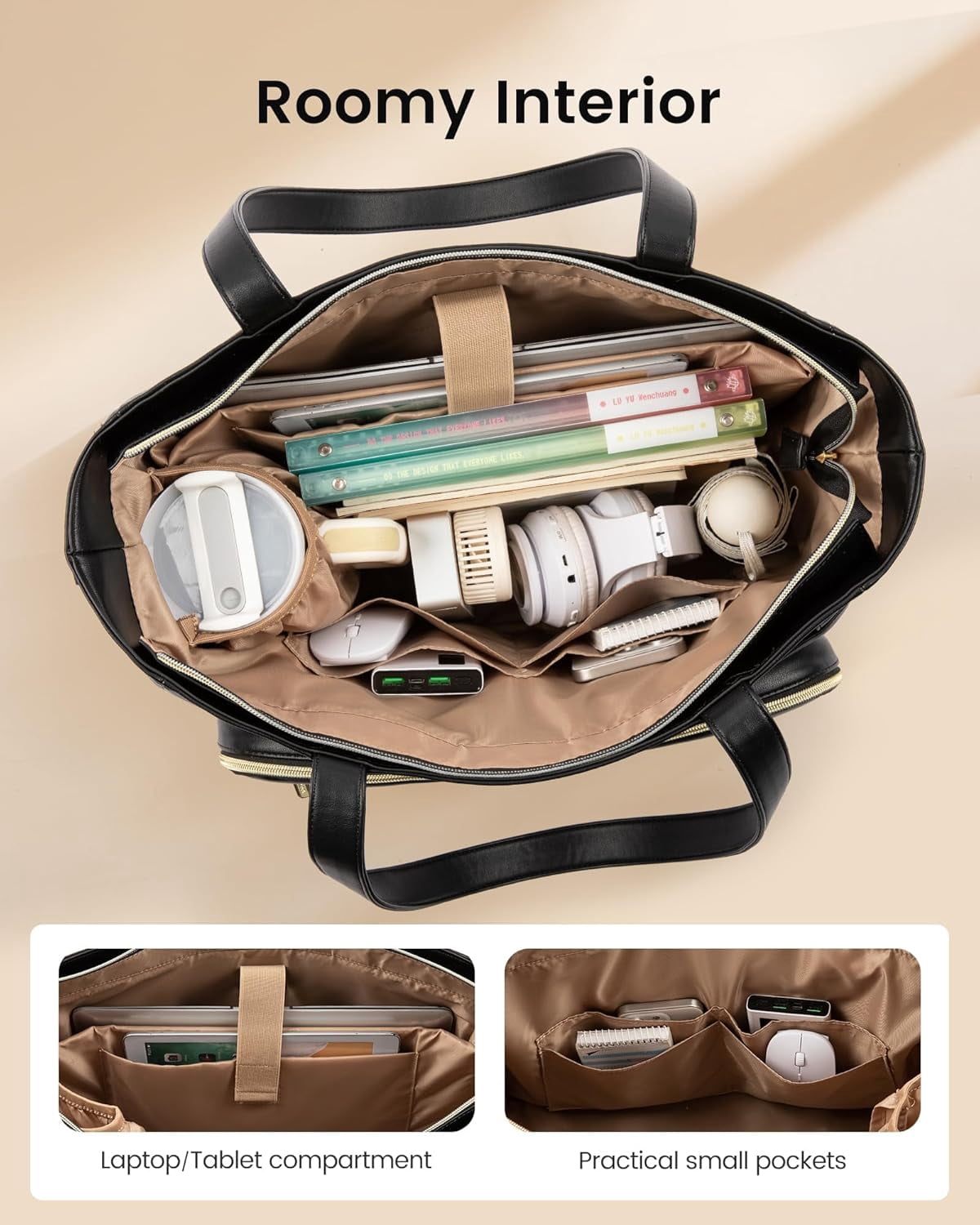 LOVEVOOK Teacher Tote Bag with Accordion File Pocket, Soft PU Leather Work Briefcase Quilted Laptop Bag with Large Cup Holder