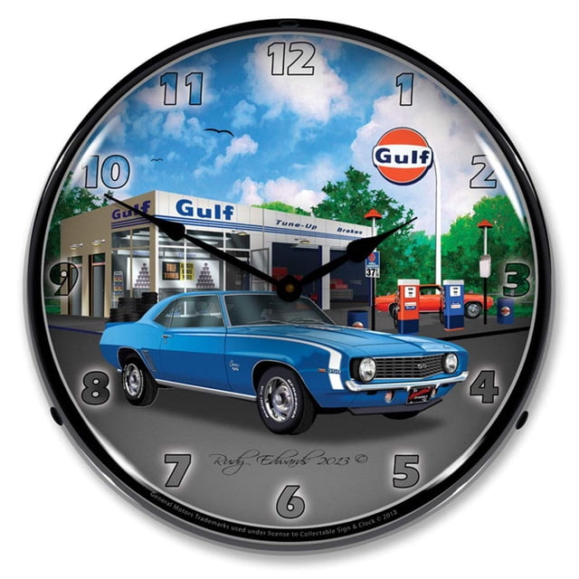 Reloj de pared coleccionable con letrero y reloj 1969 SS Camaro Gulf