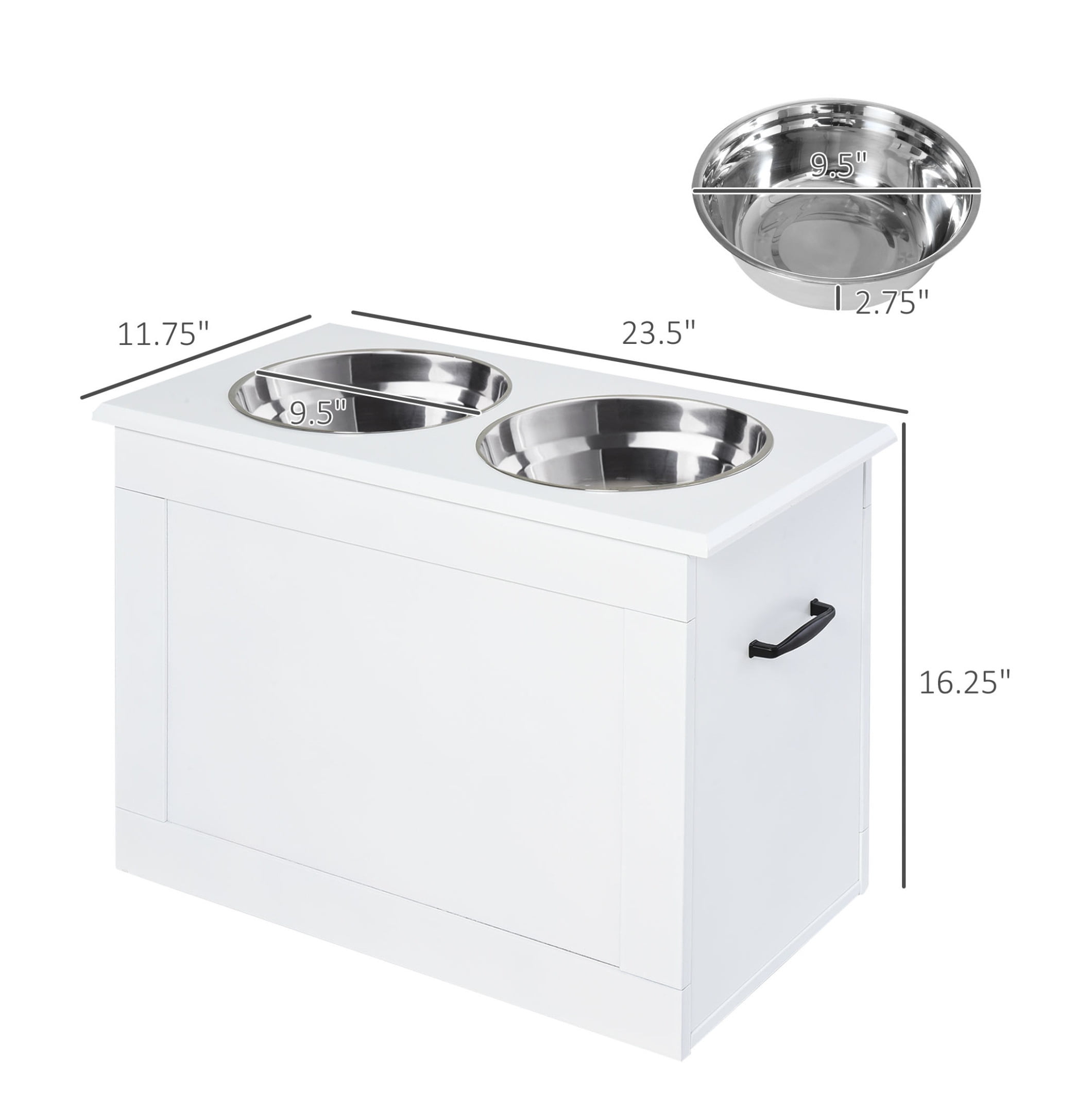 Raised Dog Bowls for Large Dogs, Elevated Pet Feeder Station with Storage, 2 Stainless Steel Bowls, White