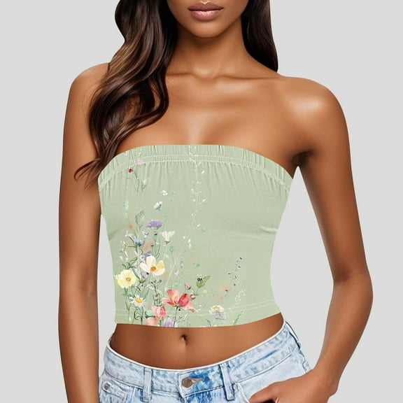 Njagoc3 Womens Summer Bandeau Tube Top, Minimalist Floral Print, Elastic Fit, Stretchy Fabric, Summer Casual & Brunch Outing, Strapless Crop Top