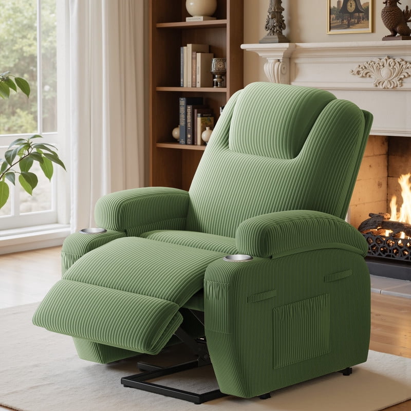 Homall Power Lift Recliner Chair with Massage for Living Room Recliner Chair for Elderly with Infinite Position Side Pocket and Saucer,Corduroy Green