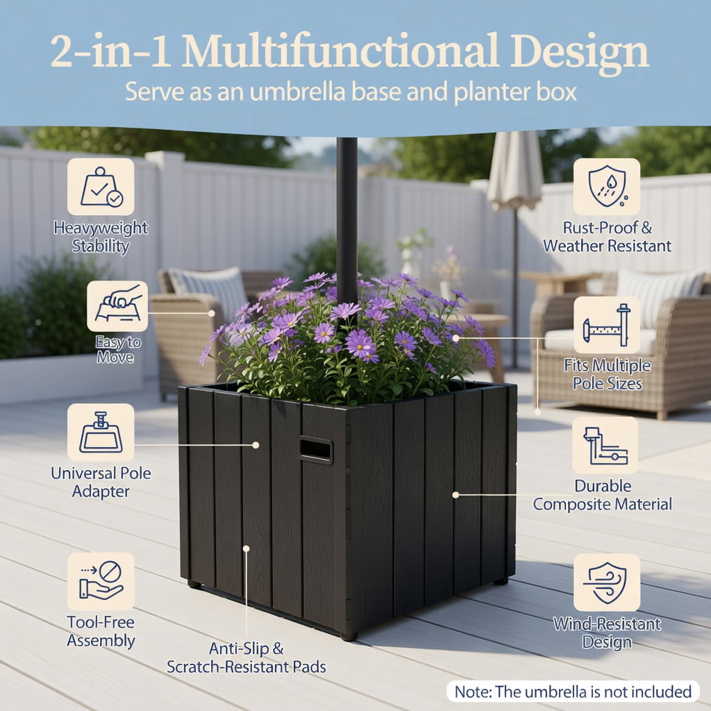 Resenkos Umbrella Base for Patio, Umbrella Stand Outdoor Base,2-in-1 Outdoor Umbrella Base Planter Patio Umbrella Stand with Flower Box-Black