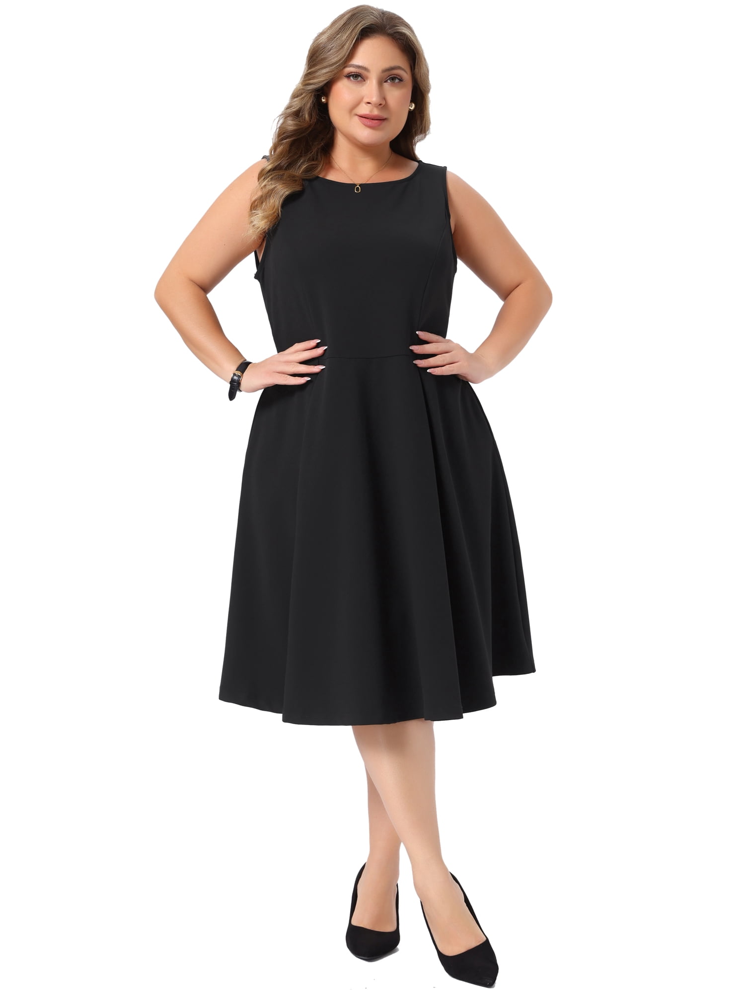 DARING DIVA Women's Plus Work Sleeveless Boat Neck A-Line Pockets Dress 3X Black