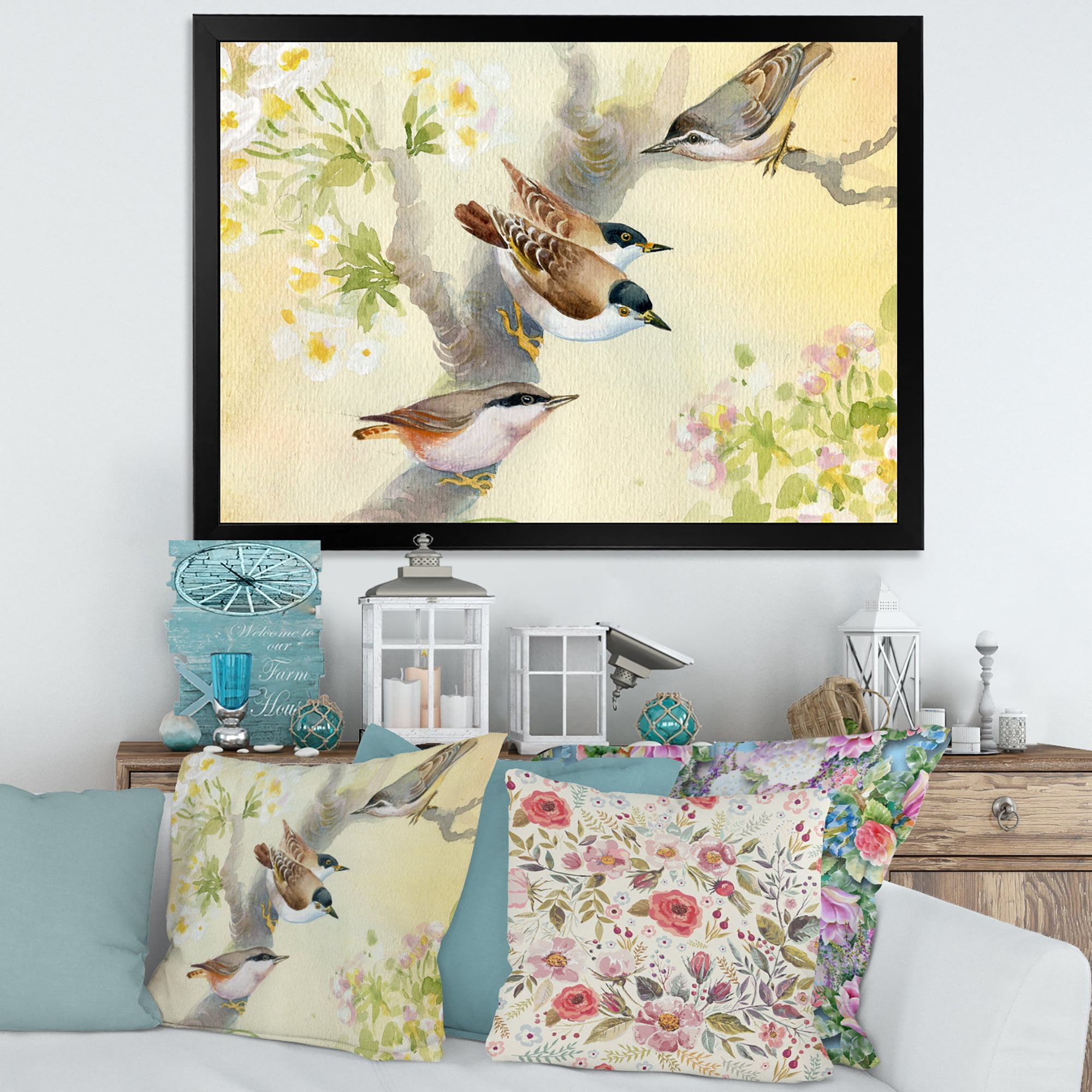 Designart 'Birds Sitting On A Blossoming Apple Tree' Traditional Framed Art Print