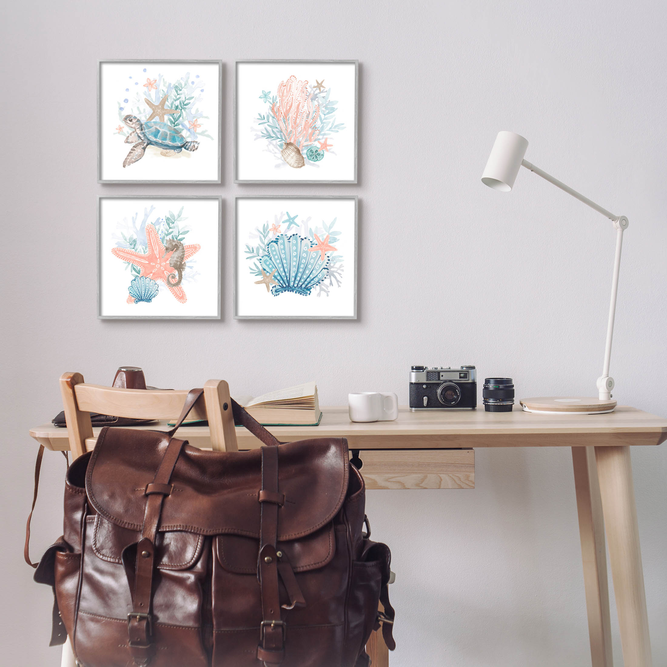 Various Sea Life Nautical Coral Reef Animals & Insects Graphic Art Gray Framed Art Print Wall Art, Set of 4