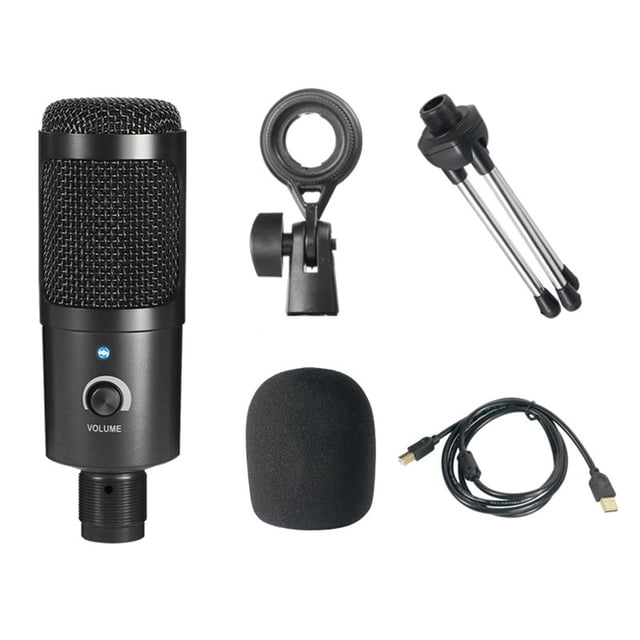 Graflsoa USB Condenser Microphone Kit with Tripod Stand for PC Recording, Gaming, and Live Streaming - Black Metal Cardioid Mic with Windscreen and USB Cable