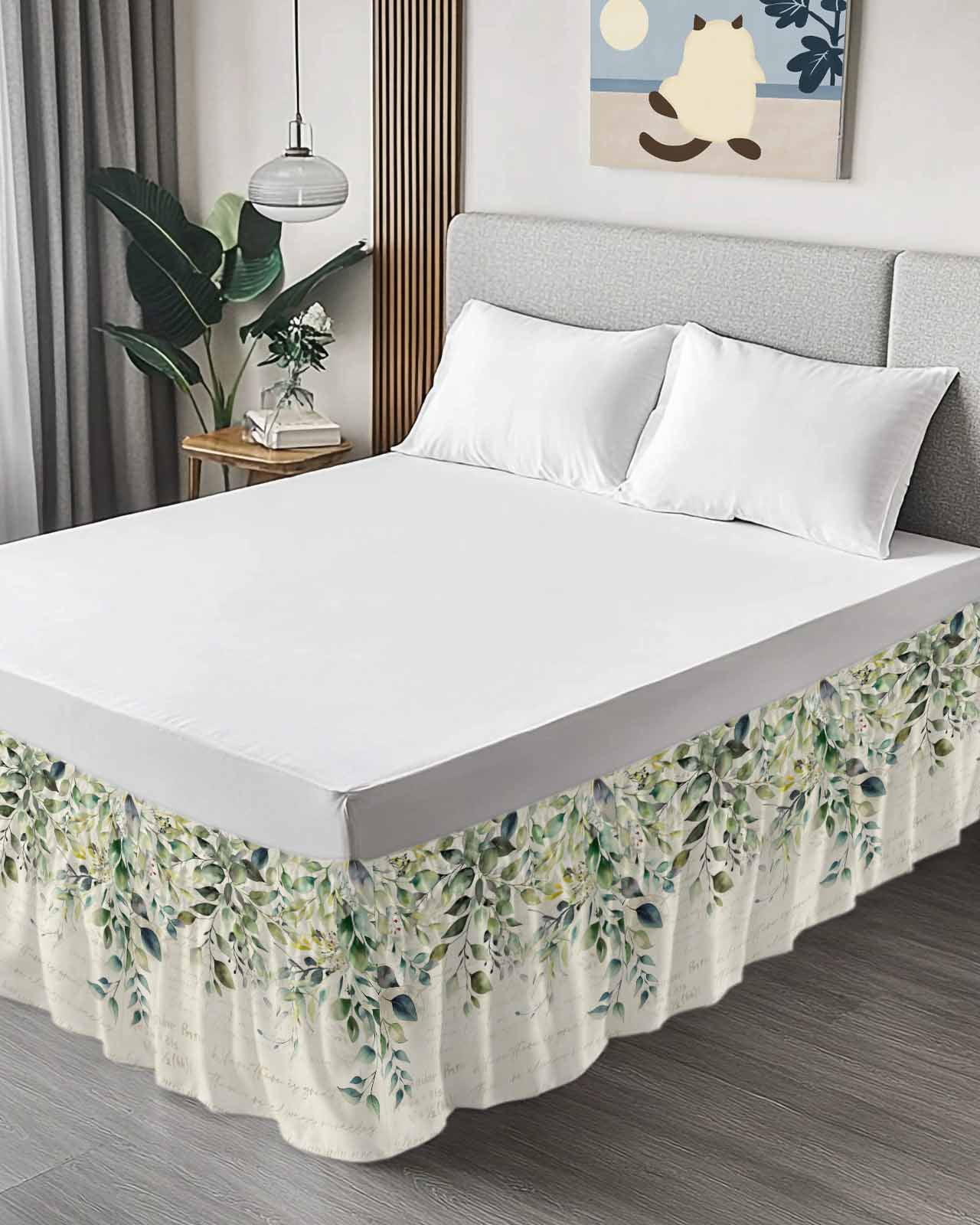Pastoral Floral Plant Bed Skirt Queen Size 16" Drop Sage Green Eucalyptus Leaves Beige Ruffled Wrap Around Bed Skirts Adjustable Elastic Bedskirt Dust Ruffle for Queen Size Bed